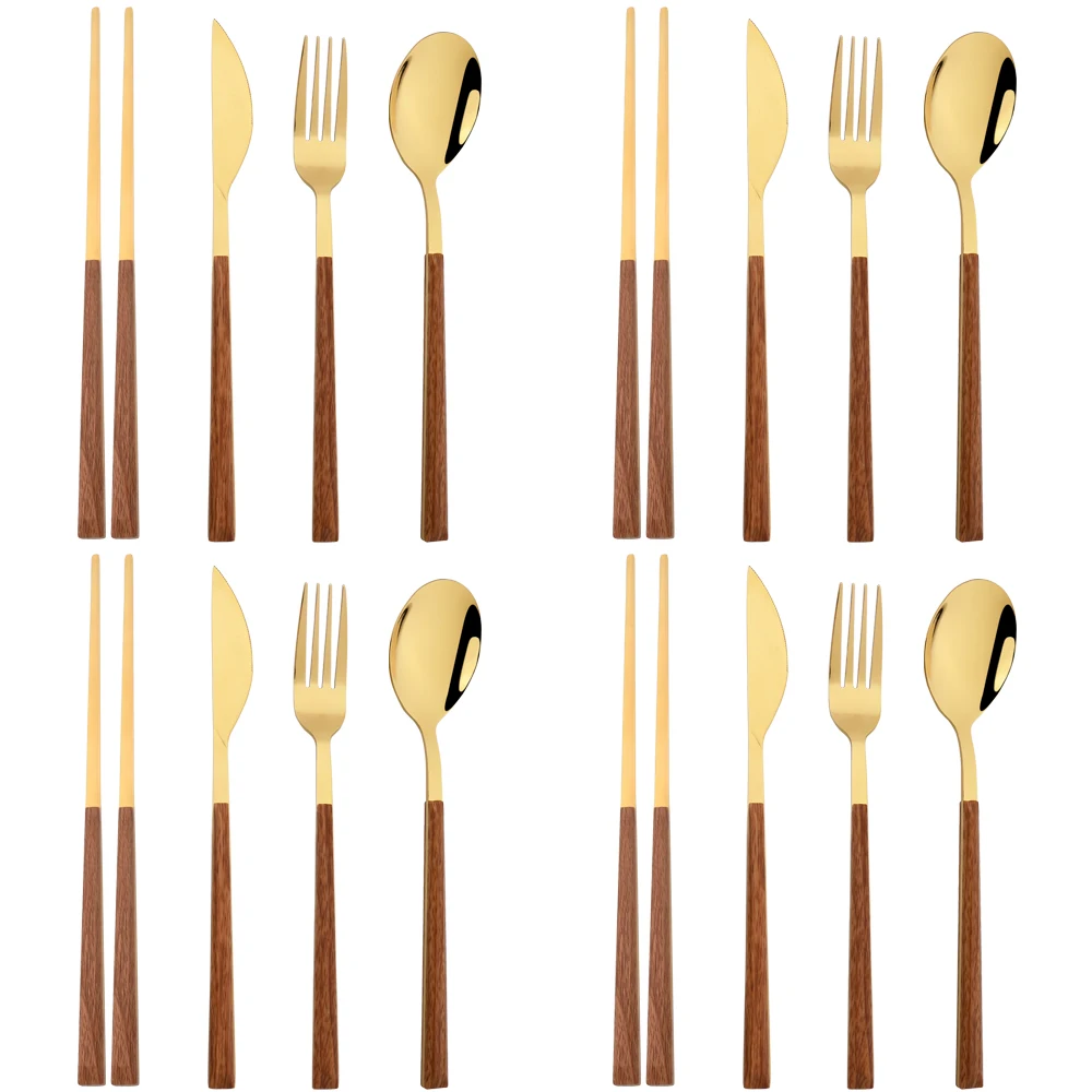 

12-16pcs Brown Gold Dinnerware Set Imitation Wooden Handle Cutlery Set Chopsticks Knife Fork Spoon Tableware Set Korean Flatware