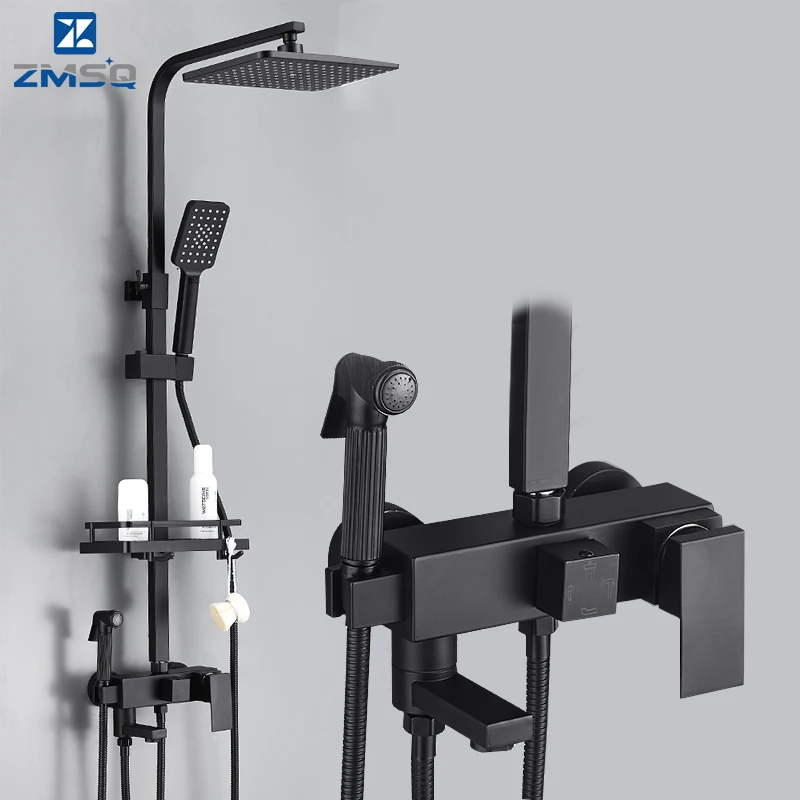 

Bathroom ShowerBrass Faucets Bathroom Shower Mixer Crane Bidet Faucet Rainfall Shower Set Shower Spray With Shelf Black