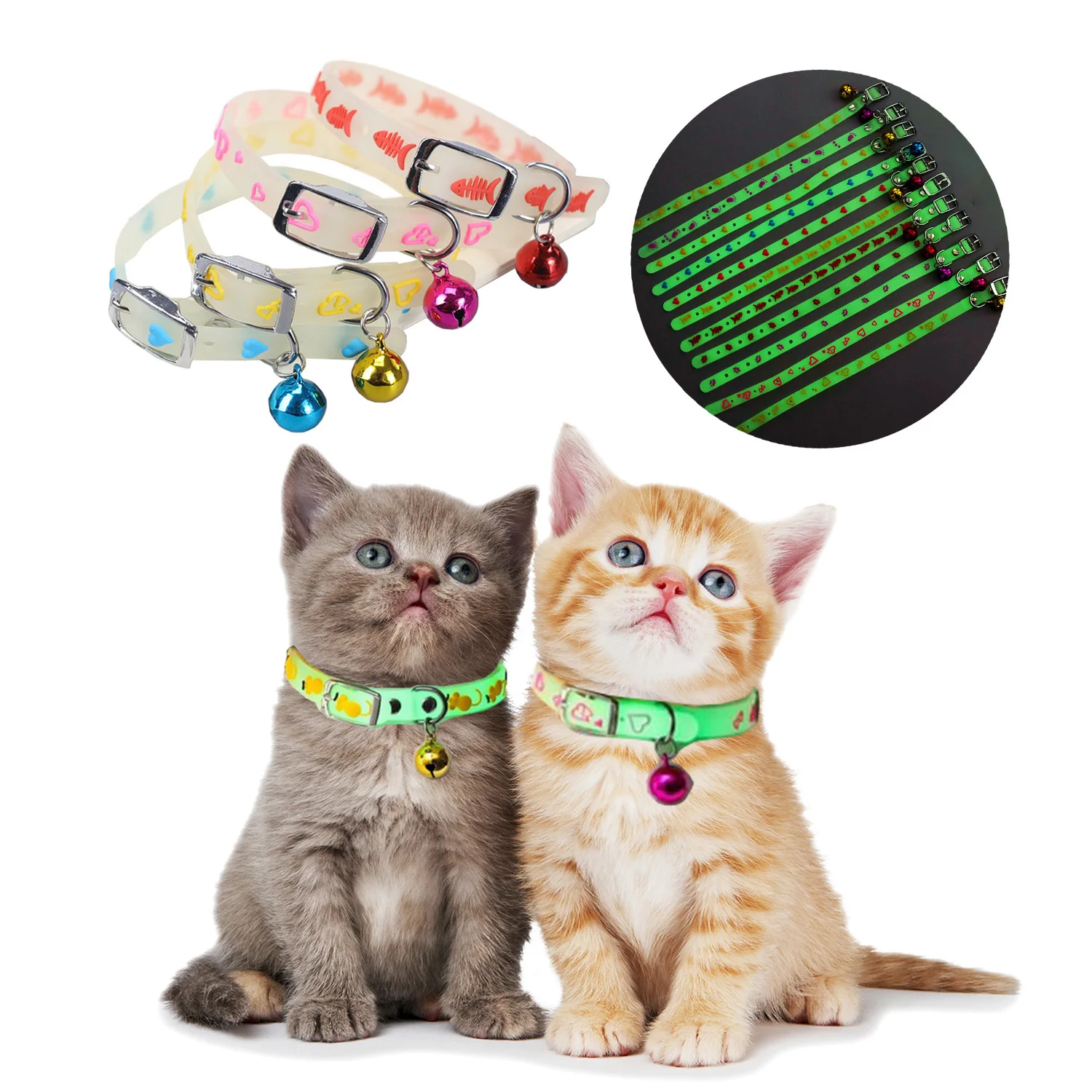 

Pet Dog Cat Glowing Collars with Bells Glow at Night Adjustable Fluorescent Silicone Necklace Pet Light Luminous Neck Ring