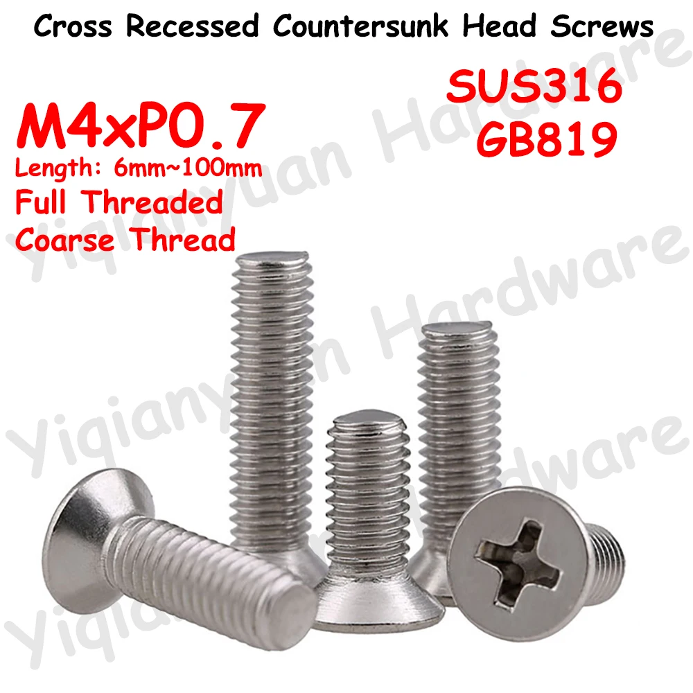 

Yiqianyuan GB819 M4xP0.7 Coarse Thread SUS316 Stainless Steel Cross Recessed Countersunk Head Phillips Screws Full Threaded