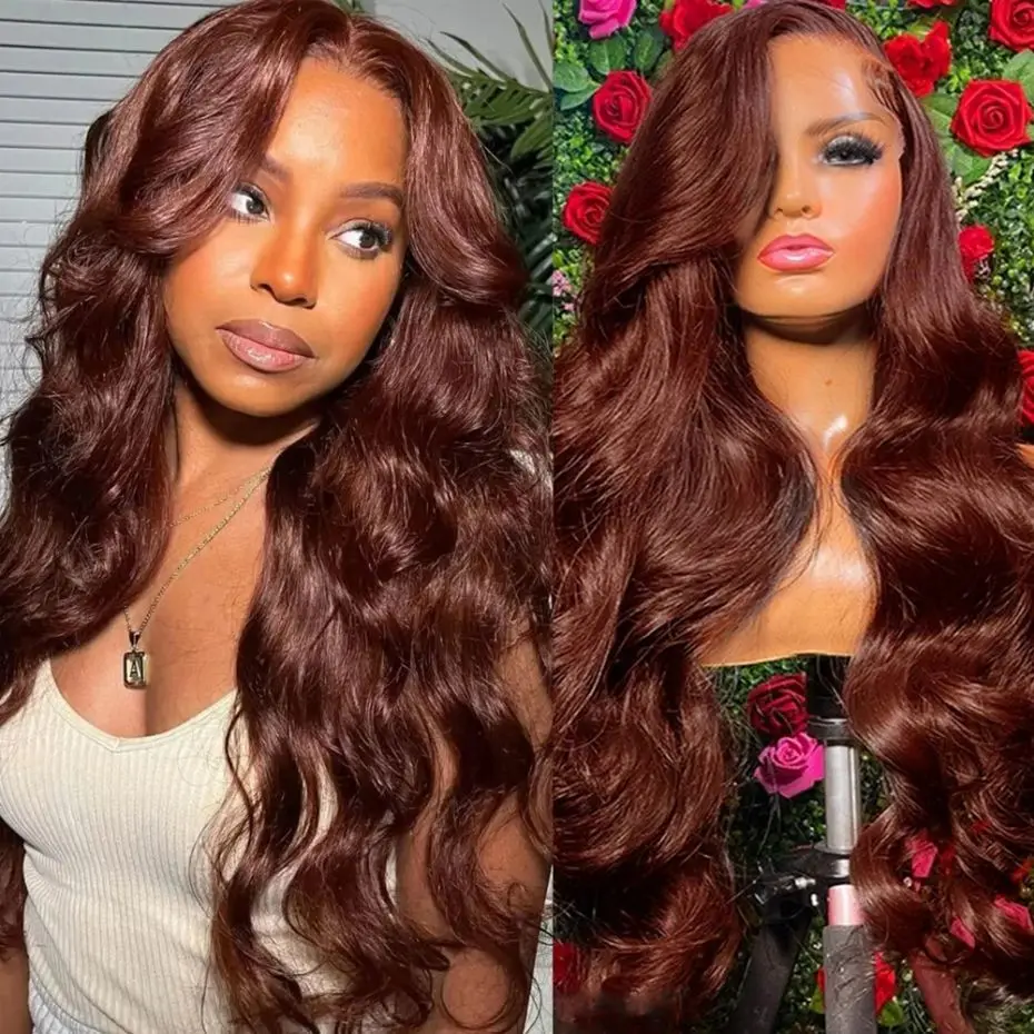 

180% #33 Reddish Brown Body Wave 13x6 Lace Front Wig Colored Indian Human Hair 13x4 HD Transparent Lace Frontal Wig Pre Plucked