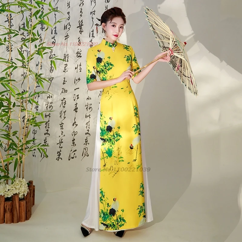 

2024 vietnam aodai dress traditional chinese improved qipao national crane print cheongsam dress banquet evening dress vestido