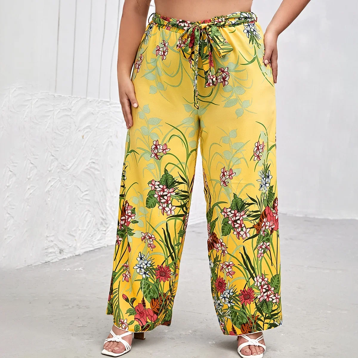 

Plus Size Floral Print Summer Elegant Wide Leg Pants Elastic Waist Sashes Casual Yellow Boho Pants Trousers Large Size 6XL 7XL