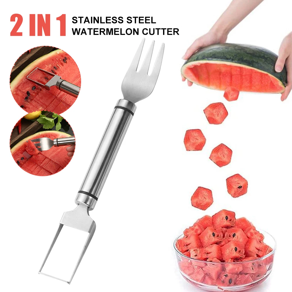 

Kitchen Gadget Watermelon Cutter Slicer Tool Fork 2 In 1 Stainless Steel Watermelon Fruit Slicer Fruit Salad Knife Fork Tool