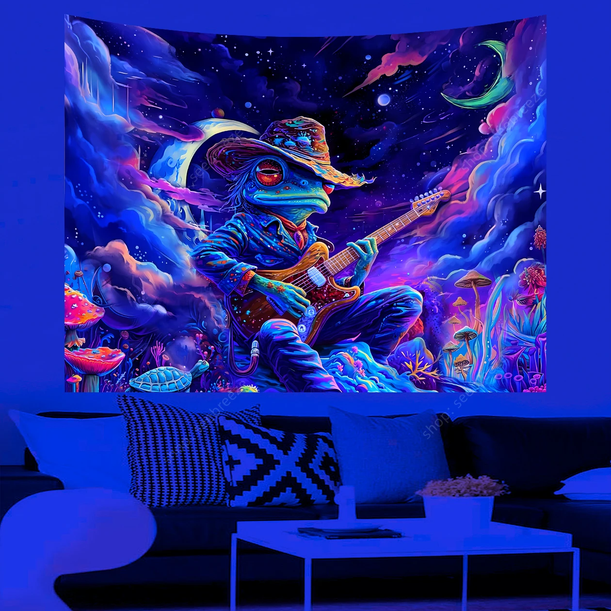 

Space Frog Mushroom UV Reactive Bedroom Tapestry Planet Ocean Art Tapestries Wall Hanging College Dorm Boy Room Decor Tapestry