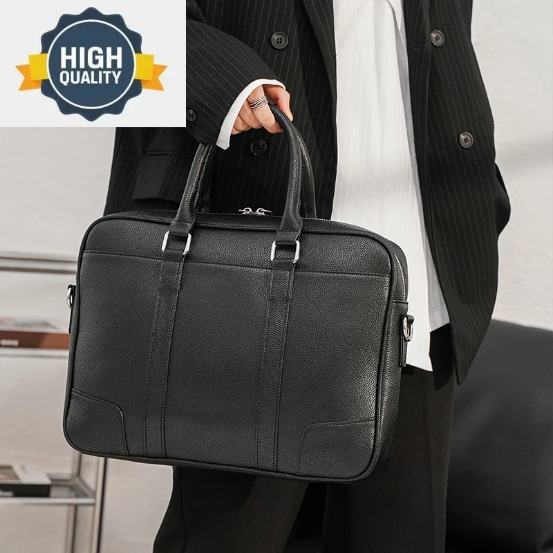 

Men's Large Capacity Handbag Black Simple All-Matched Pu Leather Male Briefcase Classic High Quality Textured Computer Bag