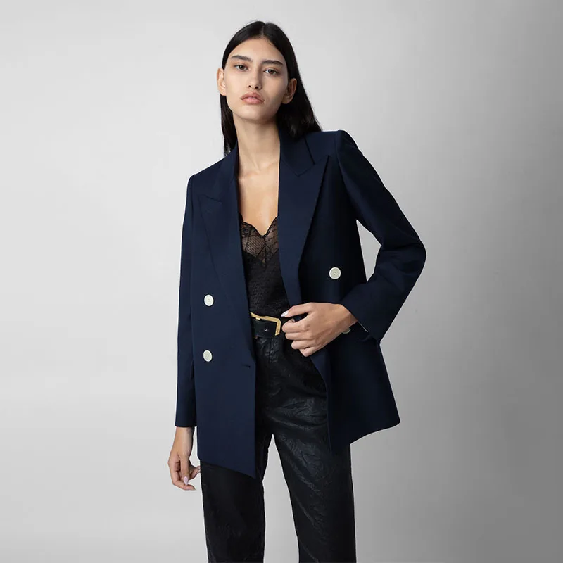 

Zadig Women Elegant Blazers Formal Occasion Chic Lapel Coats Suits Female Navy Blue Button Pocket Casual Ladies Blazers Tops