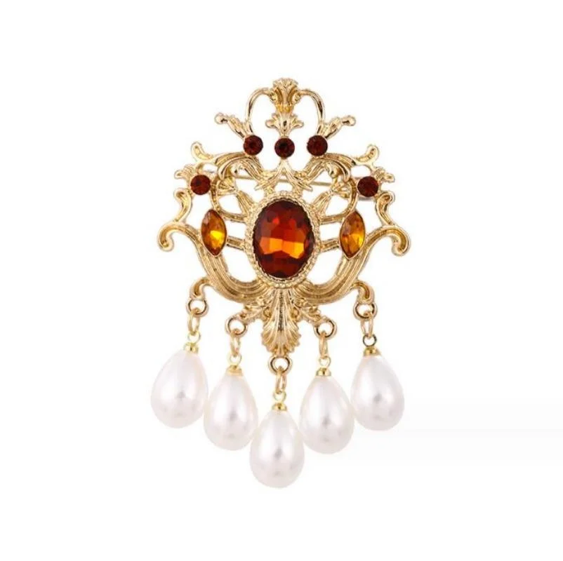 

Vintage Baroque Gemstone Pearl Brooch Palace Temperament Corsage Alloy Accessories Enamel Pin