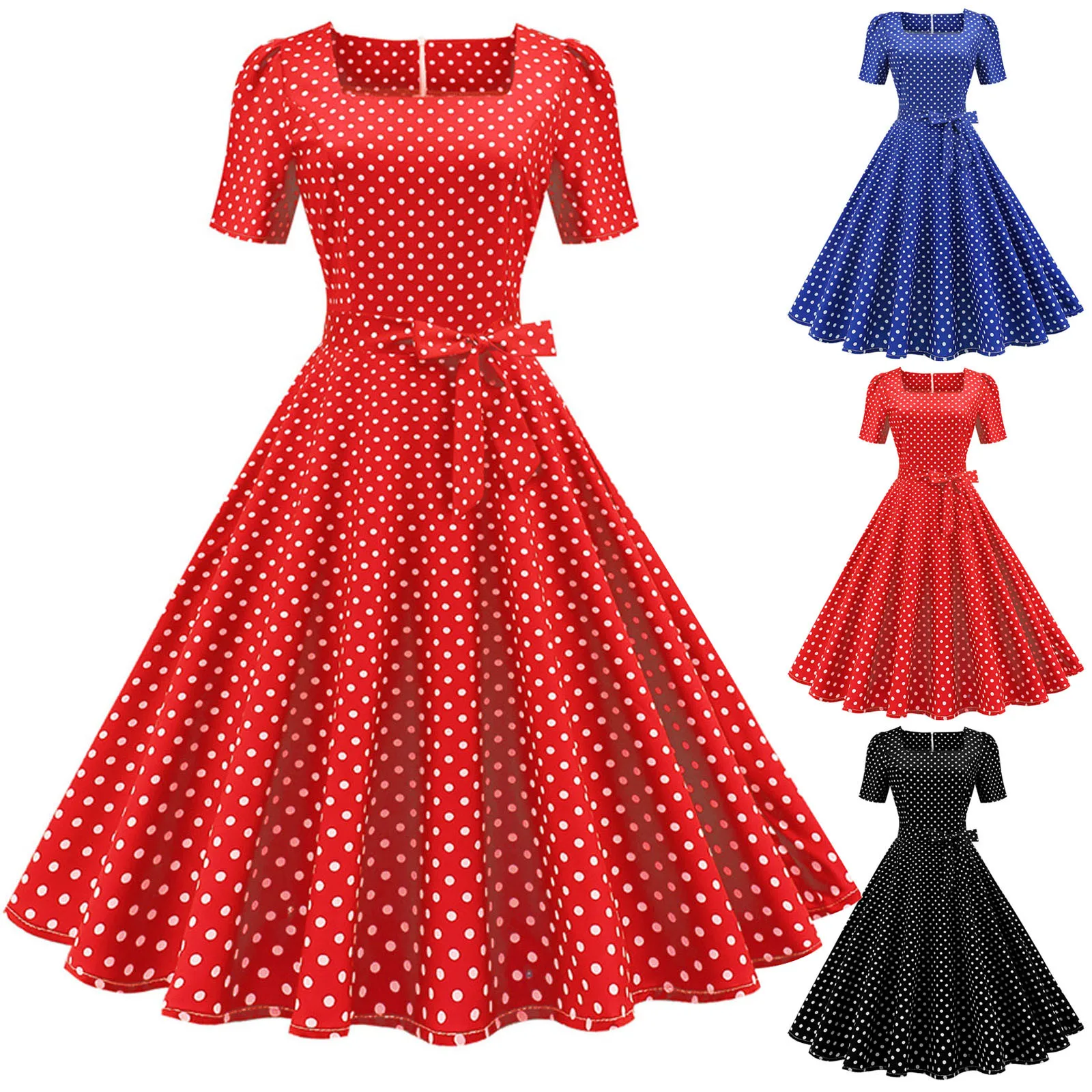 

Polka Dot Vintage Dress Women Summer Elegant Short Sleeve Square Collar A-Line Midi Party Sundress 50s 60s Vestidos Plus Size