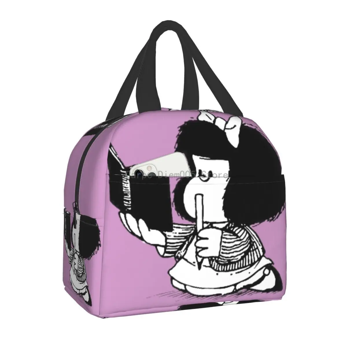 

Mafalda With Notebook Insulated Lunch Bags for Women Quino Comic Cartoon Resuable Cooler Thermal Bento Box Work School Travel