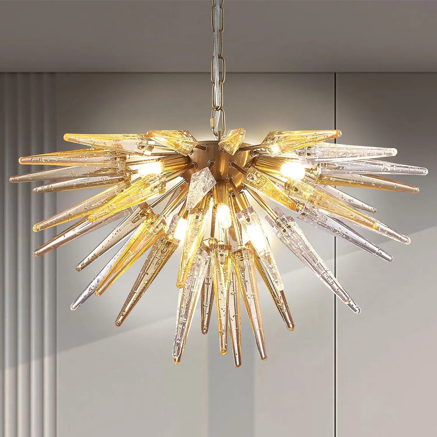 

Modern Gold Brass Sputnik Chandelier, 6-Lights Magnificent Amber Murano Blown Glass Pendant Lights Fixture for Dining Room