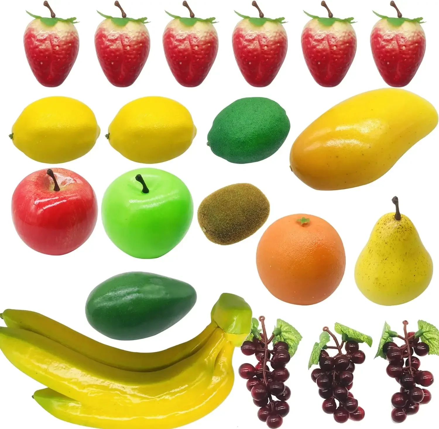 

20 PCS Realistic Fake Fruits Assorted Artificial Lemon Banana Apple Grape Peach Orange for Kitchen Table Photography Props