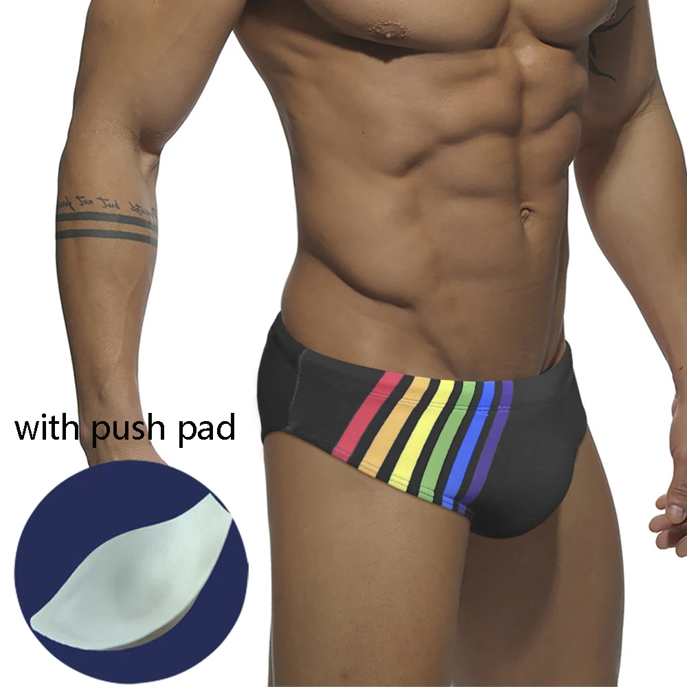 

New Rainbow Swimming Trunks Men's Sexy Belt Push Pad Beach Seaside Youth Swimming Trunks European And American Fashion Briefs