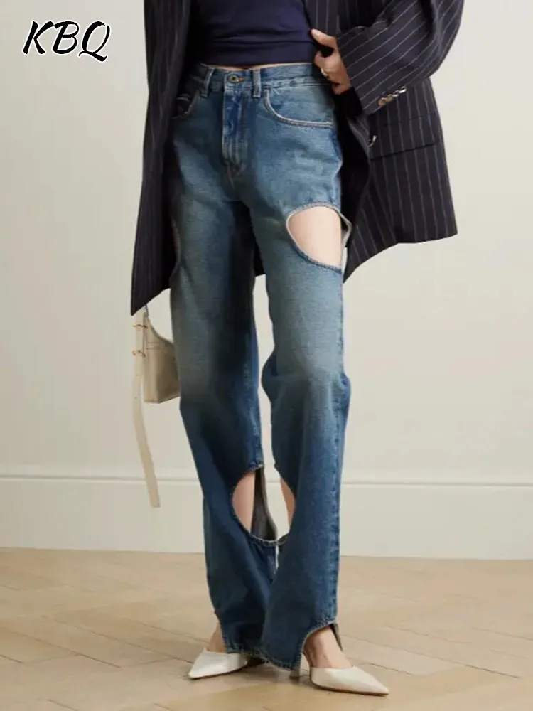 

KBQ Hollow Out Patchwork Pockets Jeans For Women High Waist Spliced Zipper Minimalist Solid Long Denim Female Fashion Style New