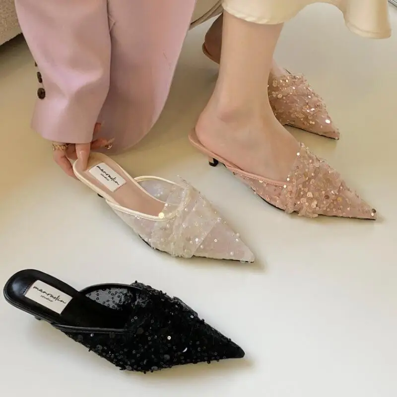 

Fashion Lace Bling Pointed Toe Mules Slipper Women 2024 New Elegant Party Ventilate Thin High Heel Shoes Female Dress Sandals