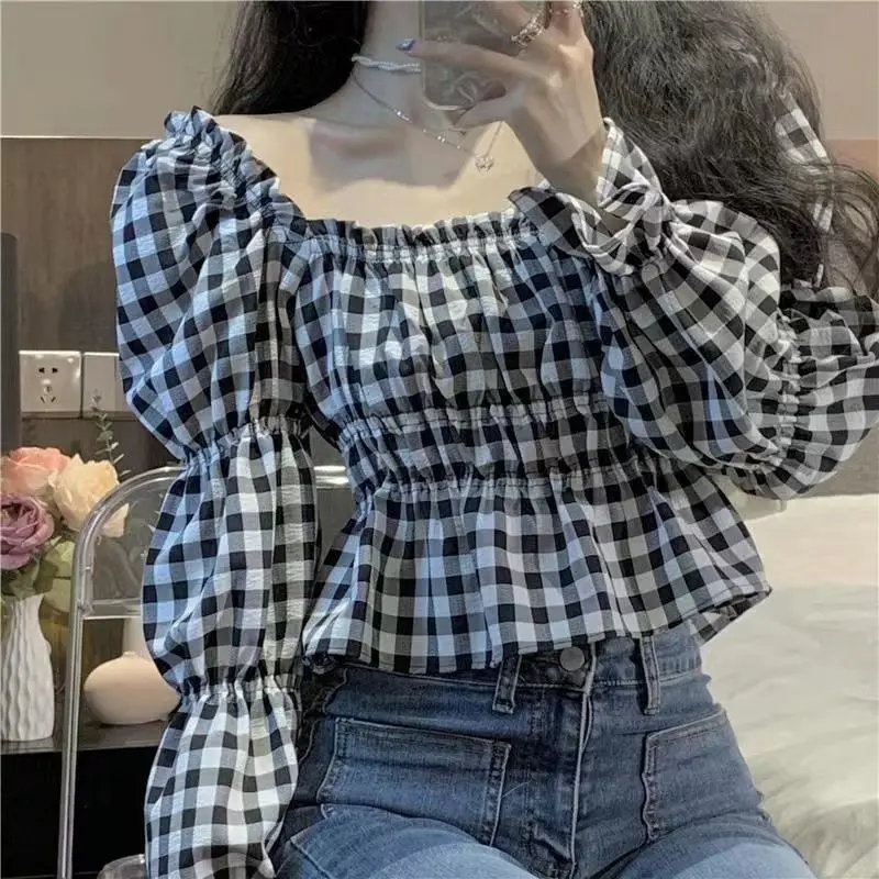 

Spring 2022 New Korean Style Loose Square Collar Two-Way Tight Waist Puff Sleeve Shirt Top Women's Plaid Shirt