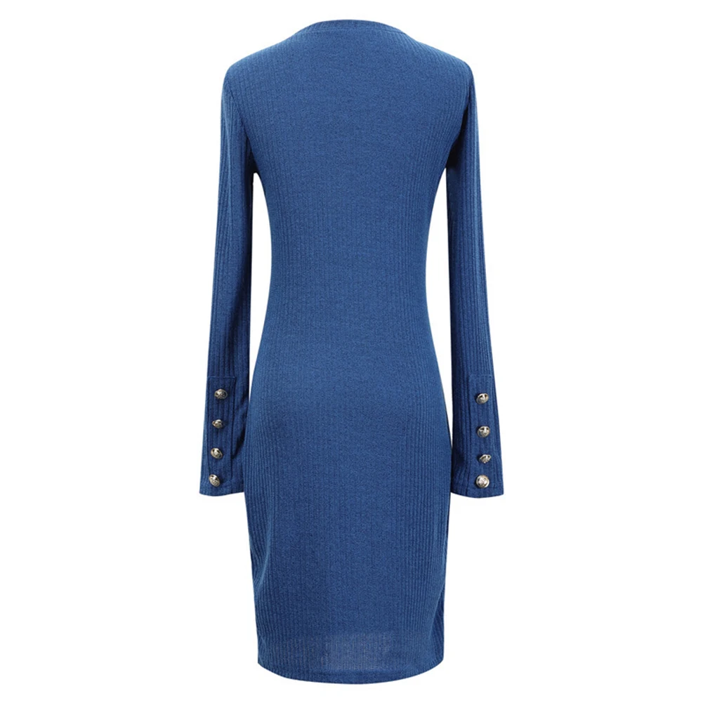 

Female Bodycon Dress Above The Knee Autumn Base Sweater Button Casual Crew-Neck Long Sleeve Plain Short Slim Fit