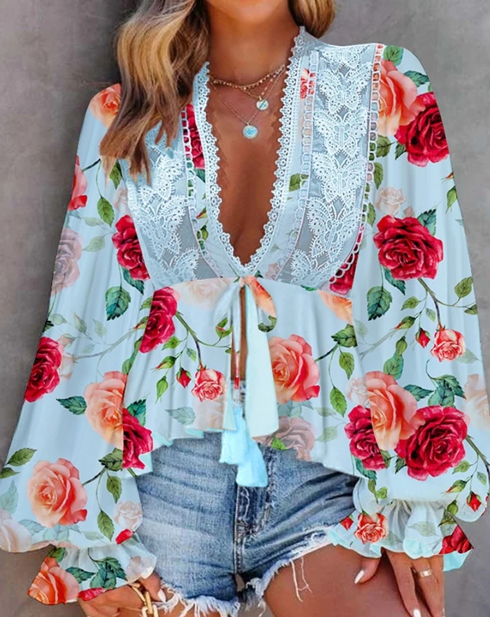 

Women Blouse 2024 Spring New Floral Print Frill Hem Lantern Sleeve Top Sexy and Elegant Low Necked Tied Detail Casual Blouses