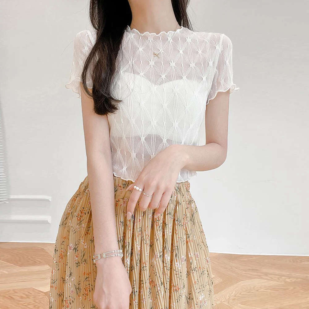 New Elastic Wavy Edge T Shirt Black White Apricot Color Clothes Summer Female Blouses Ruched O-Neck Short Sleeve Girls Shirt
New Elastic Wavy Edge T Shirt Black White Apricot Color Clothes Summer Female Blouses Ruched O-Neck Short Sleeve Girls Shirt