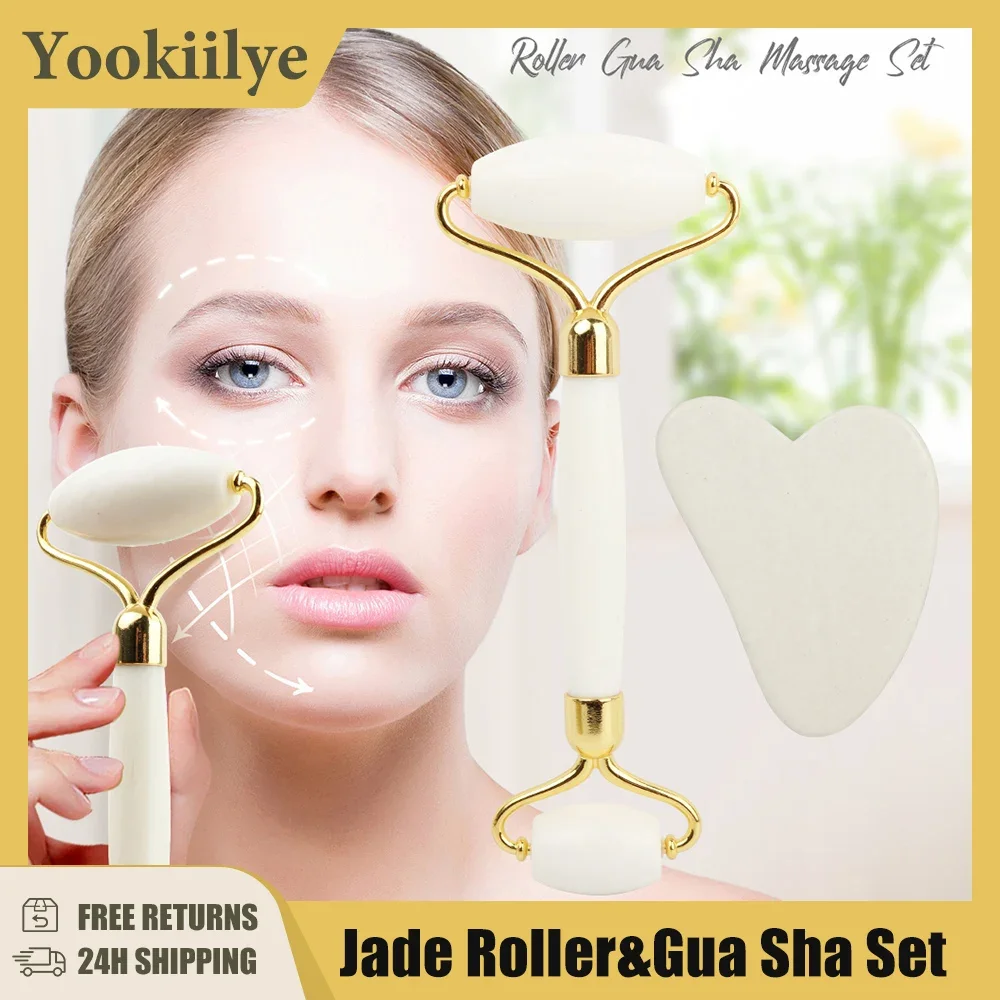 

White Natural Jade Roller Gua Sha Scraper Set Facial Roller Massager for Face Body Neck Lifting Tighten Slimming Skin Care Tools