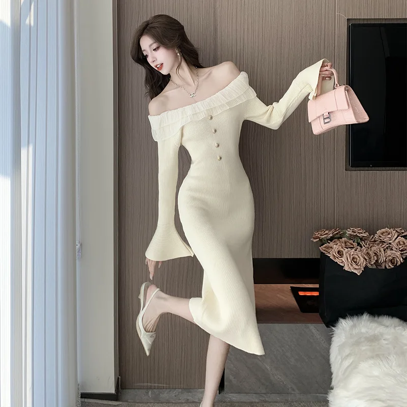 

Slash Neck Slim Fit Knitted Dress French Ruffled Flare Sleeve Long Dress Woman Autumn and Winter New Dresses for Women 2023