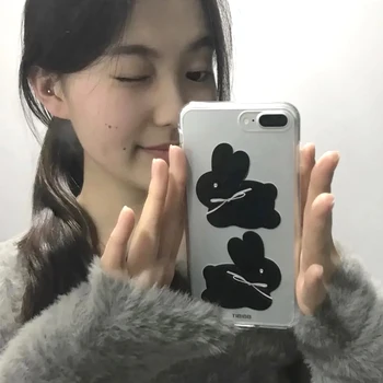 Korean Cartoon Cute Black Rabbit Phone Case for IPhone 14 11 12 13 Pro Max Retro Kawaii Phone Case for IPhone XR XS MAX 7 8Plus
