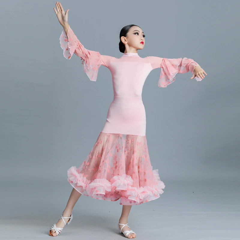 

Розовое платье для бальных танцев для девочек, костюм для танго, соревнований, боди, сетчатая простроченная юбка, костюм для вальса, танцевальной одежды VDB6167