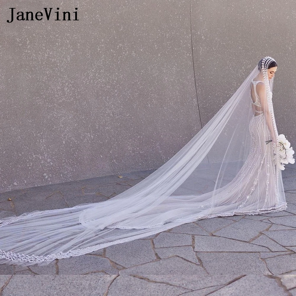 

JaneVini Pearl Bridal Veil with Comb Soft 1 Tier White Ivory Long Cathedral Lace Edge Bride Wedding Veils Brautschleier Hochzeit