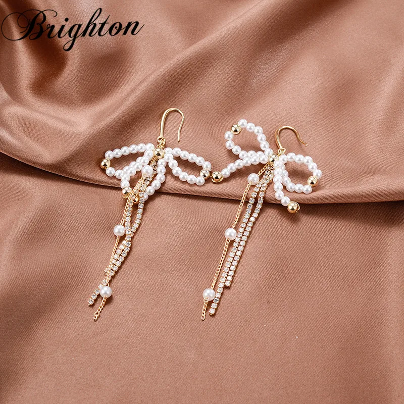

Brighton 2023 Butterfly Simulated Pearl Drop Dangle Earrings For Women Fashion Long Crystal Tassel Brincos Trendy Jewelry Gift