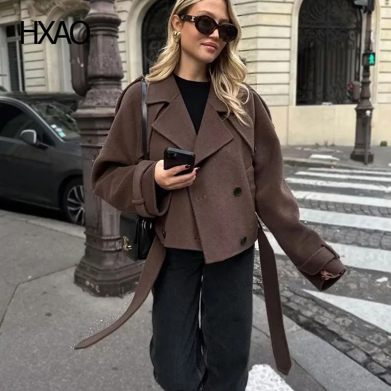 

HXAO Cropped Jackets for Women Wool Blend Coats Casual Woolen Demi-Season Jacket Winter Long Sleeve Top with Belt New Outerwear