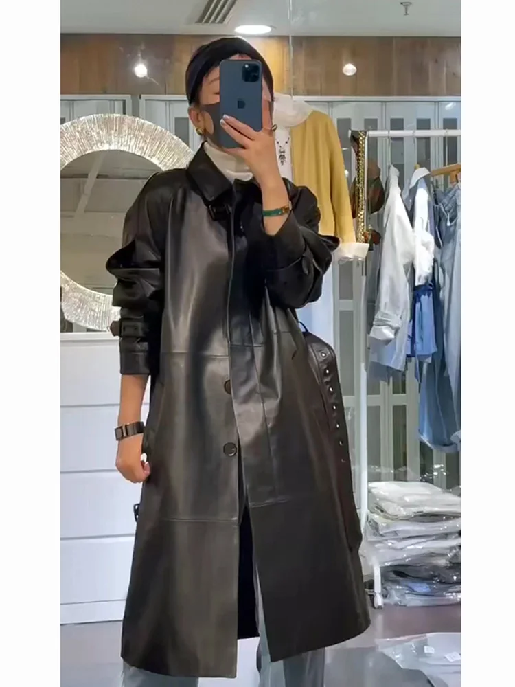 

European brand Haining genuine leather jacket, sheep skin windbreaker jacket, women's mid length 2023 new knee length coat,