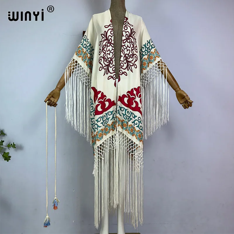 

WINYI kimono cover-ups boho print summer outfits for women Elegant fashion Cardigan sexy Holiday long Sleeve tassels maxi dress