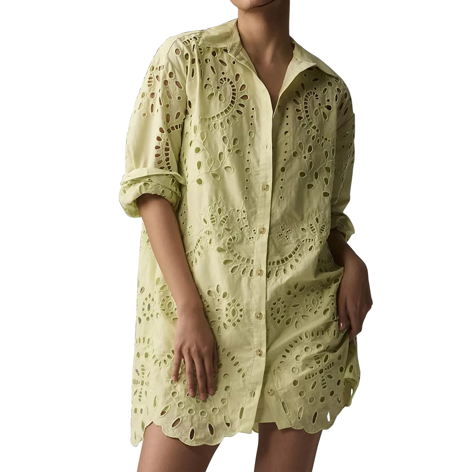 Women Shirt Dress Autumn Solid Hollowed Long Sleeve Turn-down Collar Button-down Loose Mini Dress for Streetwear Work Daily
Women Shirt Dress Autumn Solid Hollowed Long Sleeve Turn-down Collar Button-down Loose Mini Dress for Streetwear Work Daily