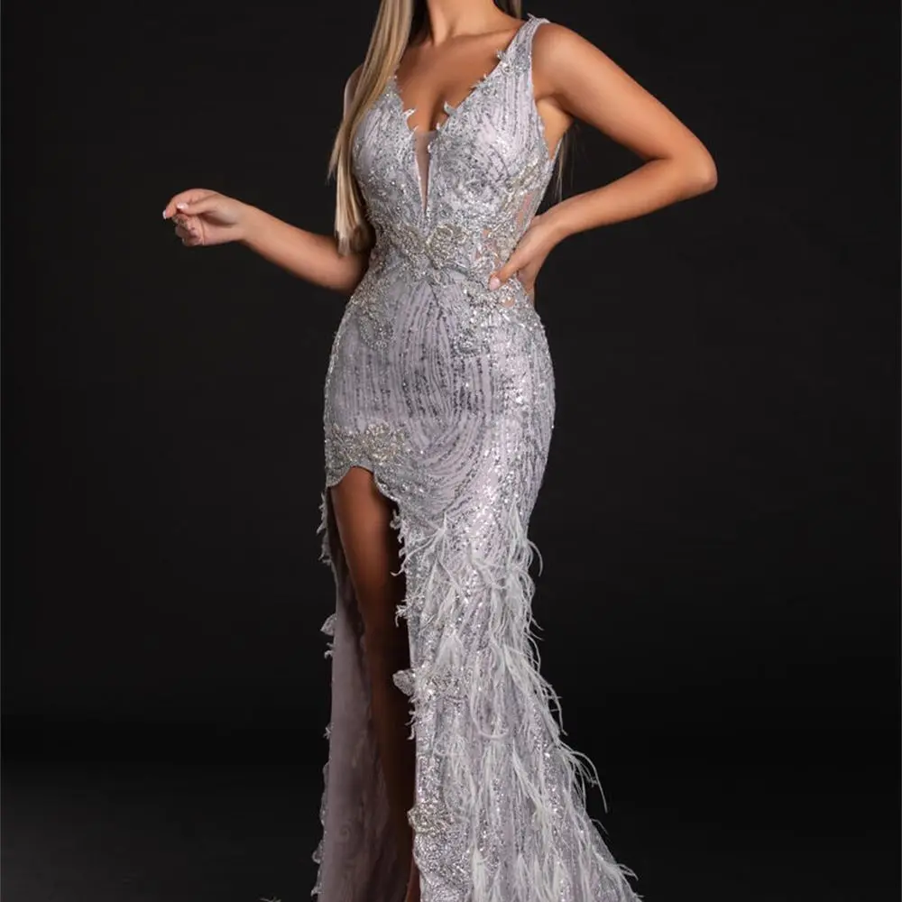

Sexy Mermaid Low Scoop Neckline With Glittering Hair Sequin Applique Ball Gown With High Split Suitable for Any Formal OIccasion