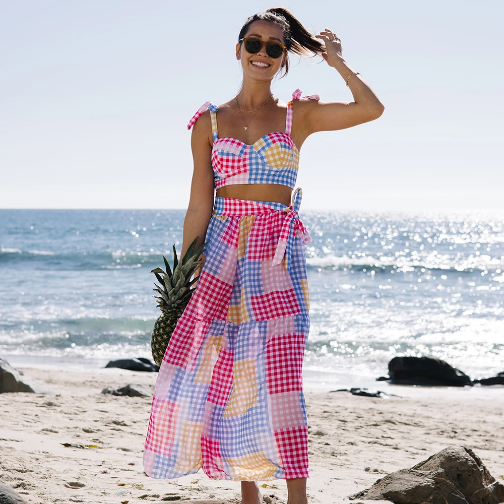 

2021 Sexy Colorful Plaid Bikini Set High Waist Swimwear Shoulder Strappy Bathing Suit Beachwear Biquini female