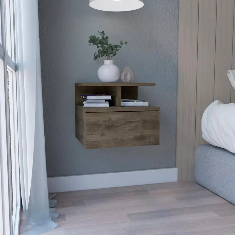 Seward Floating Nightstand, Wall Mounted with Single Drawer and 2-Tier Shelf, Dark Walnut
Seward Floating Nightstand, Wall Mounted with Single Drawer and 2-Tier Shelf, Dark Walnut