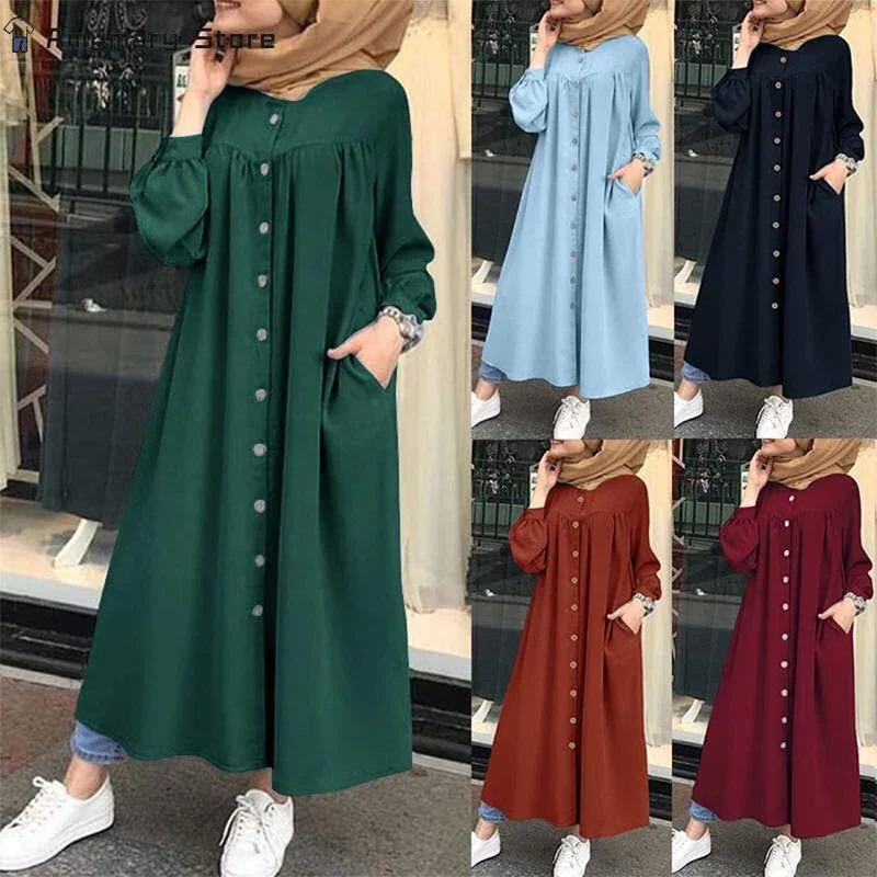 

New Women's Muslim Abaya Robes Spring Autumn Ladies Long Sleeve Round Collar Maxi Dress with Pocket Commuter Casual Shirt Dress