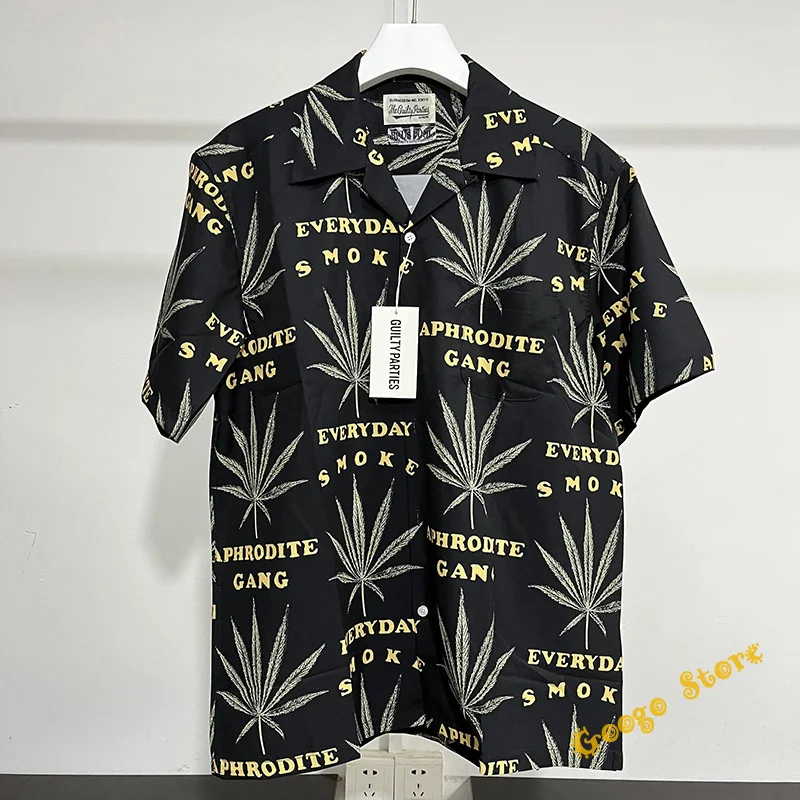 

Men Women Casual Hip Hop Golden Letters Maple Leaf Full Print Wacko Maria Shirts Top Quality Summer Hawaiian Short Sleeve Shirt