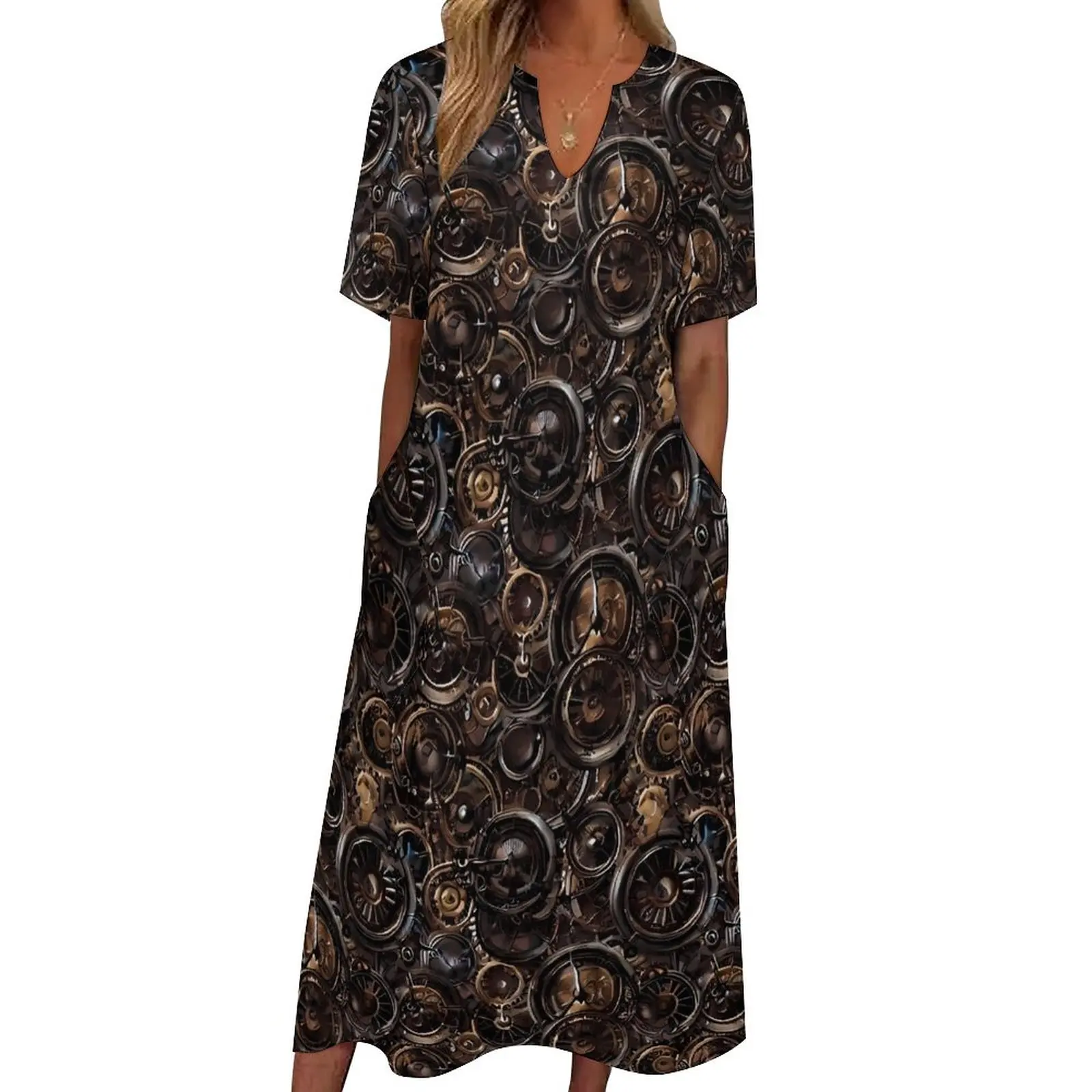 

Gothic Print Dress Pretty Steampunk Party Maxi Dress Street Wear Boho Beach Long Dresses Female V Neck Graphic Oversize Vestido