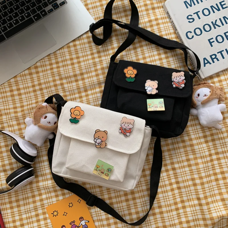 

Cute Canvas Bag Female Cartoon Harajuku Diagonal Bag Wild Student Girl Shoulder Bag Youth Messenger Bags For Women Lady Packet