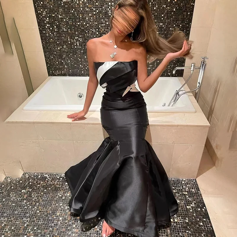 

Saudi Arab Boat Satin Fashion Evening Dress Pleats Floor-Length Sexy Mermaid Party Prom Gowns Ruched for Women فساتين السهرة