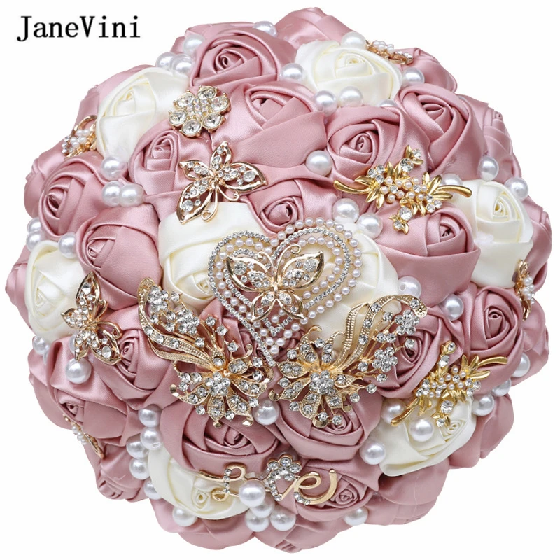 

JaneVini Elegant Dusty Pink&Ivory Bridal Bouquets Sparkly Rhinestone Pearls Artificial Satin Roses Wedding Bride Flowers Bouquet