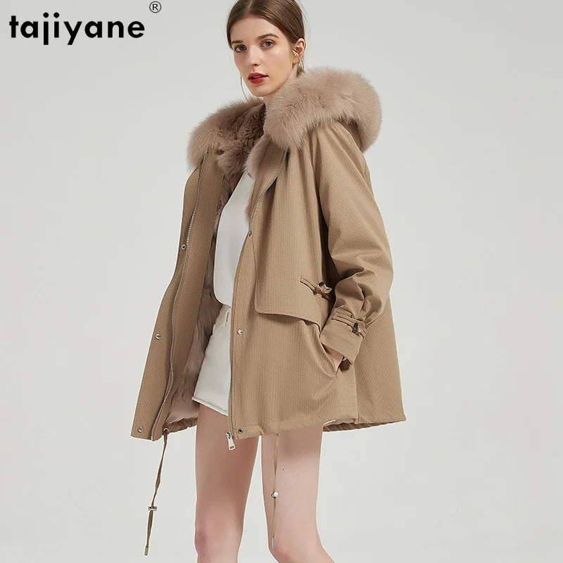 

Tajiyane Real Fur Coat for Women 2023 Winter Fashion Detachable Rex Rabbit Fur Liner Parkas Fox Fur Collar Mid-length Jacket