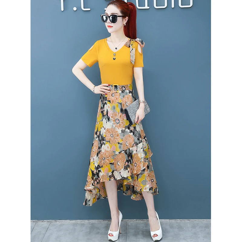 

Fashion Off Shoulder Bow Ruffles Irregular Floral Dress Women's Clothing 2024 Summer New Loose Asymmetrical Short Sleeve Dresses