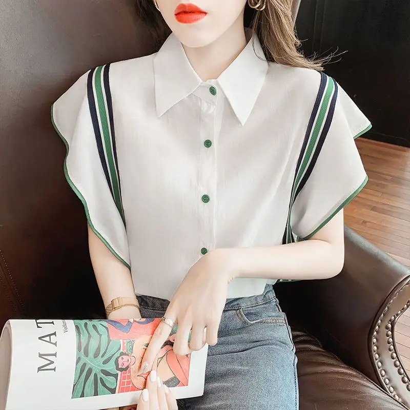 

Female Korean Solid Color Spliced Flying Sleeve Shirt Summer Women's Clothing Turn-down Collar Fashion All-match Button Blouse