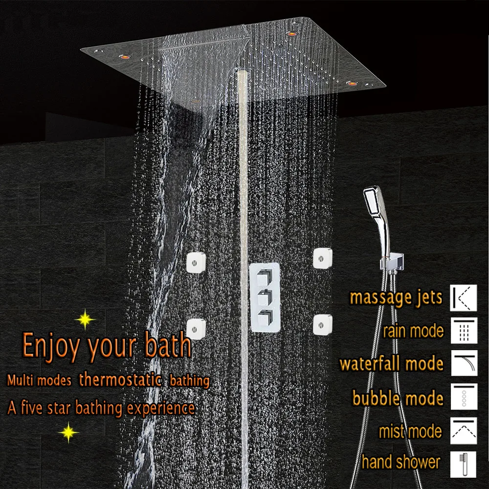 

Concealed Thermostatic Complete Shower System Faucet Mixer Bathroom LED Ceiling Shower Head Waterfall Rainfall Wall Mist SPA