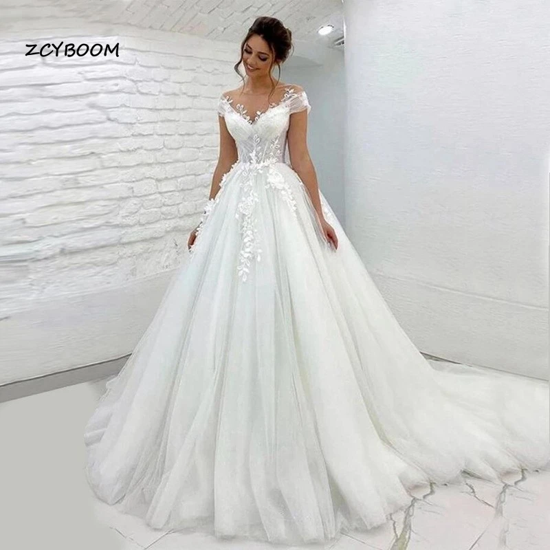 

Elegant Off the Shoulder V-Neck Appliques Tulle A-Line Wedding Dresses For Women Court Train 2024 Bridal Gowns Vestido De Noiva