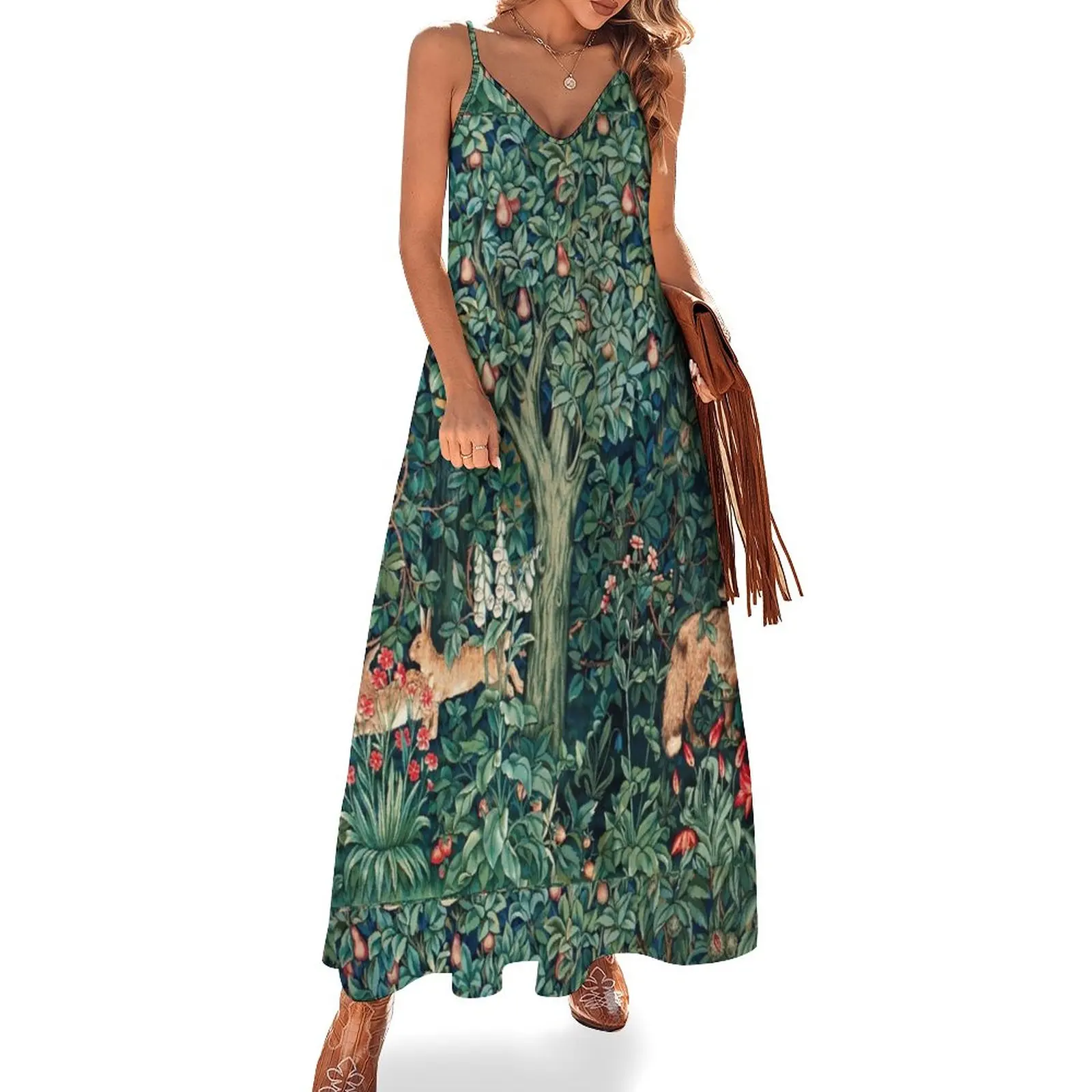 

New GREENERY, FOREST ANIMALS Fox and Hares Blue Green Floral Tapestry Sleeveless Dress luxury evening dresses 2023 Prom gown