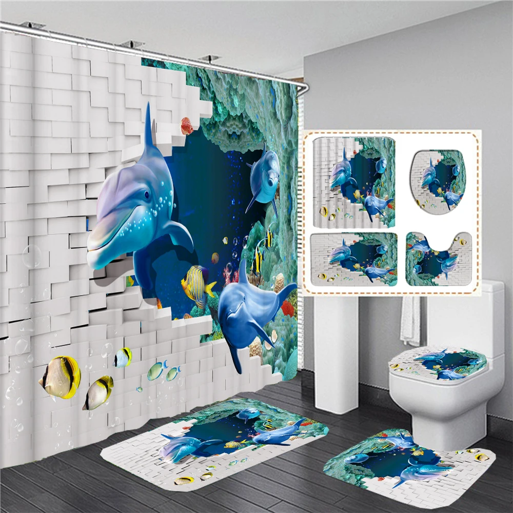 

3D Printing Ocean Underwater World Cheerful Dolphin Waterproof Shower Curtain with Rug Toilet Cover Bath Mat Set Bathroom Decor