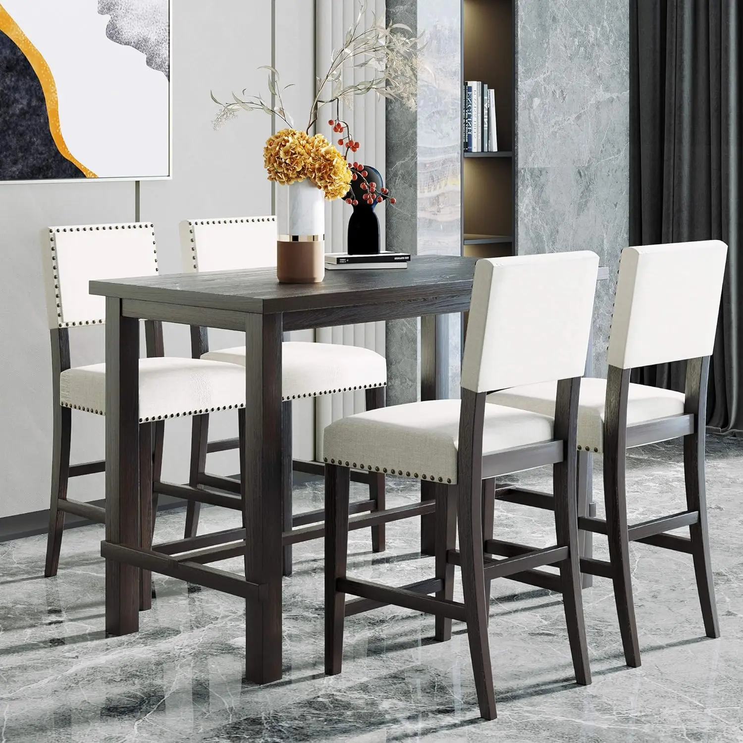 Dinehome Kitchen 5-Piece Counter Height Dining Set, Classic Elegant Table and 4 Chairs in Espresso and Beige
Dinehome Kitchen 5-Piece Counter Height Dining Set, Classic Elegant Table and 4 Chairs in Espresso and Beige